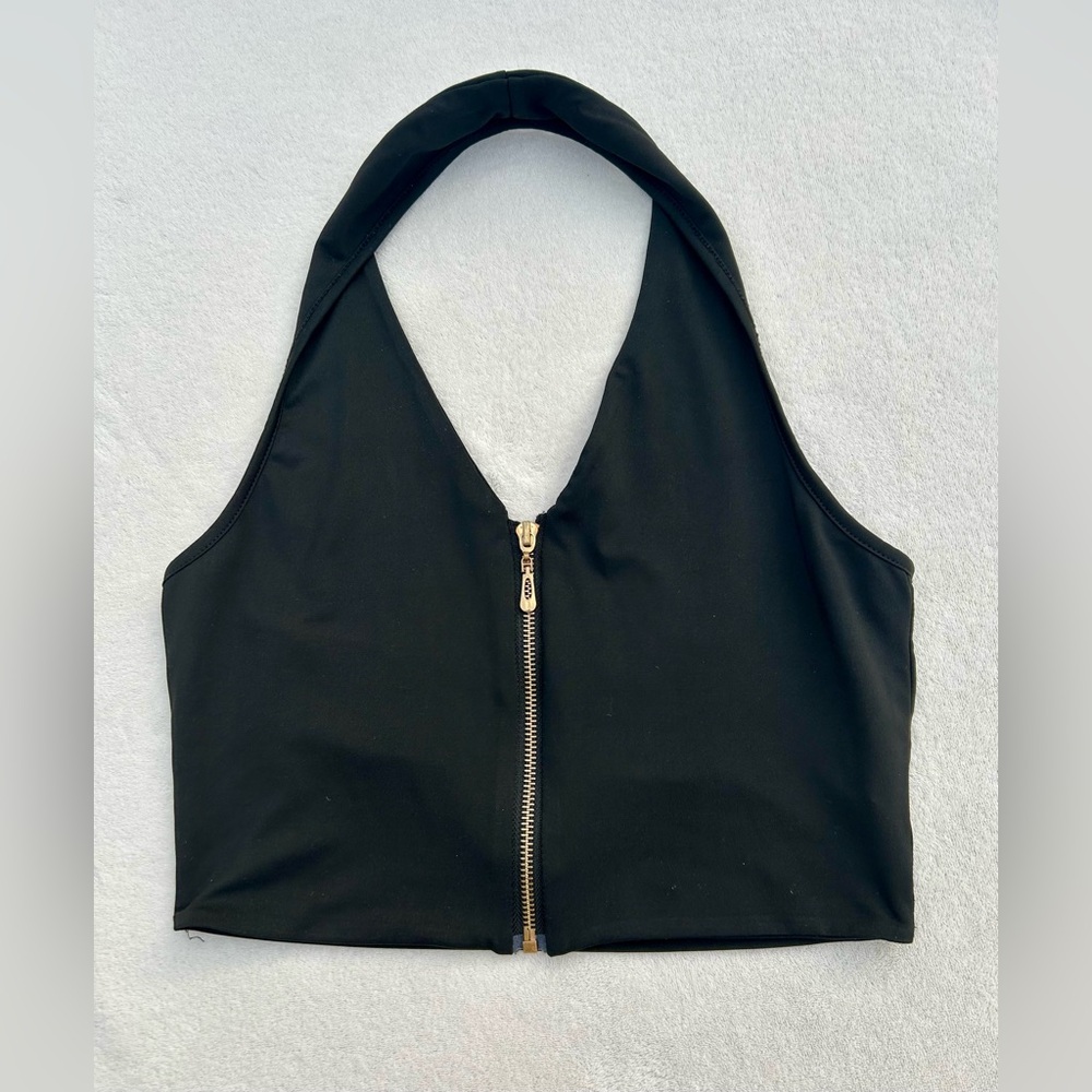 Concer Festival Gold zip up Shirt cropped halter top Shirt V-Neck Black Sz. M